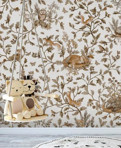 white and brown custom vintage kids wall mural called Playful Woods - Vintage White by Kikki Belle white and brown custom vintage kids wall mural called Playful Woods - Vintage White by Kikki Belle
