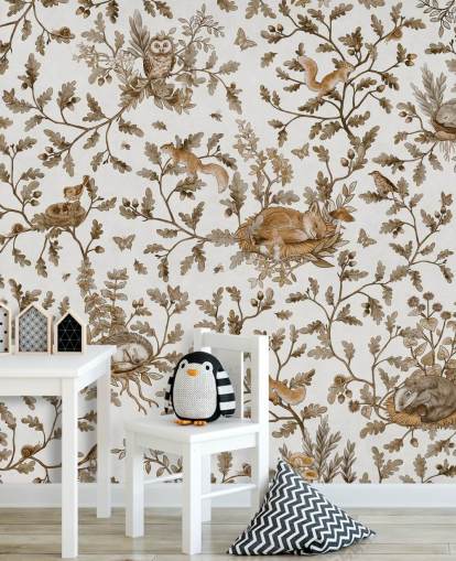 mural de parede infantil vintage personalizado em branco e marrom chamado Playful Woods - Vintage White de Kikki Belle mural de parede infantil vintage personalizado em branco e marrom chamado Playful Woods - Vintage White de Kikki Belle