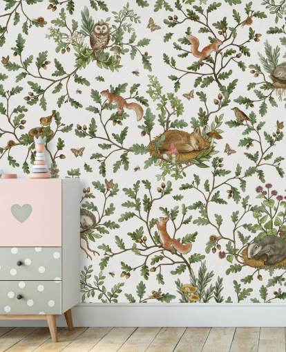 murale con animali personalizzabile bianco e verde chiamato Playful Woods - White di Kikki Belle murale con animali personalizzabile bianco e verde chiamato Playful Woods - White di Kikki Belle