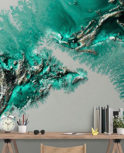 mural de pared verde azulado, dorado y gris llamado Admiral Connect de Petra Meikle de Vlas para dormitorios y baños mural de pared verde azulado, dorado y gris llamado Admiral Connect de Petra Meikle de Vlas para dormitorios y baños