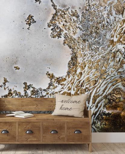 guld og hvid brugerdefineret abstrakt vægmaleri kaldet Aztec Whispers af Petra Meikle de Vlas guld og hvid brugerdefineret abstrakt vægmaleri kaldet Aztec Whispers af Petra Meikle de Vlas