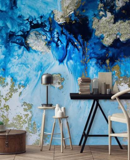 sininen ja kultainen mukautettu seinämaalaus nimeltä Blue Haven Reef kylpyhuoneisiin ja makuuhuoneisiin sininen ja kultainen mukautettu seinämaalaus nimeltä Blue Haven Reef kylpyhuoneisiin ja makuuhuoneisiin