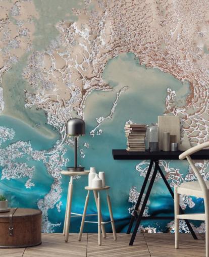 Maßgeschneidertes abstraktes Wandbild aus Roségold und Blau namens Coastal Harmony von Petra Meikle de Vlas Maßgeschneidertes abstraktes Wandbild aus Roségold und Blau namens Coastal Harmony von Petra Meikle de Vlas