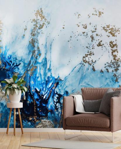 blue and gold customisable abstract mural called Gently Drifting for bedrooms, living rooms and bathrooms blue and gold customisable abstract mural called Gently Drifting for bedrooms, living rooms and bathrooms