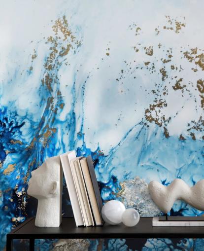 mural abstracto personalizable azul y dorado llamado Gently Drifting para dormitorios, salas de estar y baños mural abstracto personalizable azul y dorado llamado Gently Drifting para dormitorios, salas de estar y baños