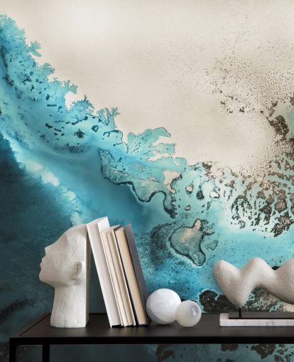 blå og gylden sand tilpassbart havveggmaleri kalt Maritime Majesty av Petra Meikle de Vlas for bad og kjøkken blå og gylden sand tilpassbart havveggmaleri kalt Maritime Majesty av Petra Meikle de Vlas for bad og kjøkken