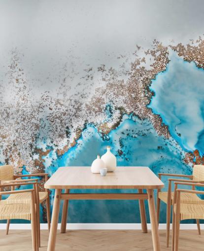 Personalisierbares abstraktes Wandbild in Hellblau, Grau und Gold namens Oasis Exploring von Petra Meikle de Vlas Personalisierbares abstraktes Wandbild in Hellblau, Grau und Gold namens Oasis Exploring von Petra Meikle de Vlas