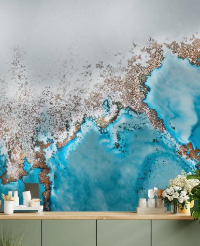 peinture murale abstraite personnalisable bleu clair, gris et or appelée Oasis Exploring de Petra Meikle de Vlas peinture murale abstraite personnalisable bleu clair, gris et or appelée Oasis Exploring de Petra Meikle de Vlas