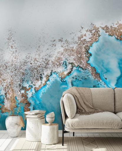 peinture murale abstraite personnalisable bleu clair, gris et or appelée Oasis Exploring de Petra Meikle de Vlas peinture murale abstraite personnalisable bleu clair, gris et or appelée Oasis Exploring de Petra Meikle de Vlas