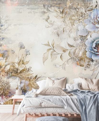 blue custom floral wallpaper mural called Distressed Blue Florals by Rafal Kulik for bedrooms and lounges blue custom floral wallpaper mural called Distressed Blue Florals by Rafal Kulik for bedrooms and lounges