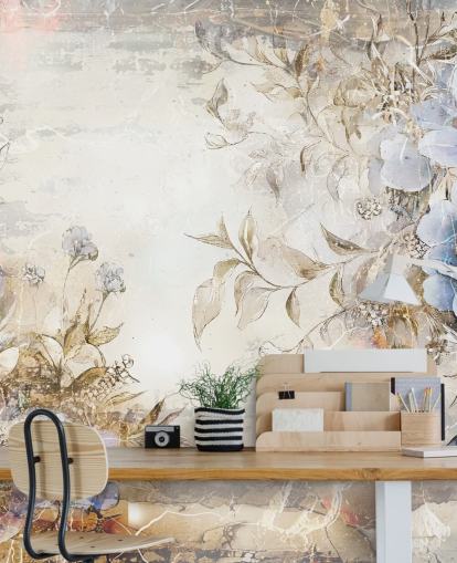 blå brugerdefineret blomstertapet vægmaleri kaldet Distressed Blue Florals af Rafal Kulik til soveværelser og lounger blå brugerdefineret blomstertapet vægmaleri kaldet Distressed Blue Florals af Rafal Kulik til soveværelser og lounger