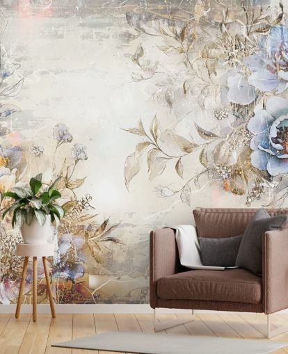 blå anpassad blommig tapetväggmålning kallad Distressed Blue Florals av Rafal Kulik för sovrum och lounger blå anpassad blommig tapetväggmålning kallad Distressed Blue Florals av Rafal Kulik för sovrum och lounger