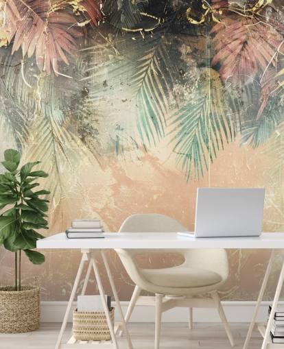 lyserødt og grønt brugerdefineret vægmaleri kaldet Distressed Jungle Leaves II af Rafal Kulik lyserødt og grønt brugerdefineret vægmaleri kaldet Distressed Jungle Leaves II af Rafal Kulik