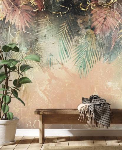 mural de parede personalizado rosa e verde chamado Distressed Jungle Leaves II de Rafal Kulik mural de parede personalizado rosa e verde chamado Distressed Jungle Leaves II de Rafal Kulik