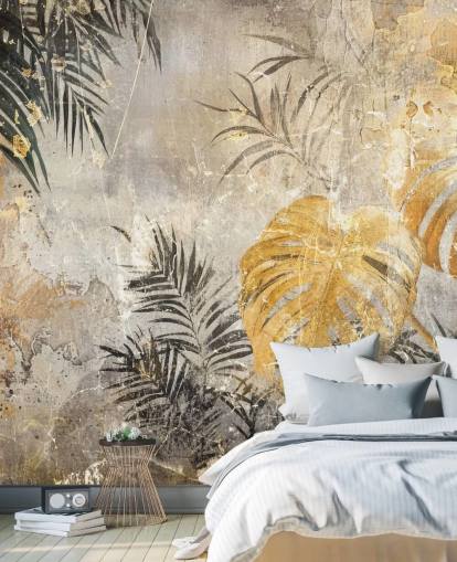 green, gold and grey jungle wall mural called Distressed Jungle Leaves IV by Rafal Kulik green, gold and grey jungle wall mural called Distressed Jungle Leaves IV by Rafal Kulik