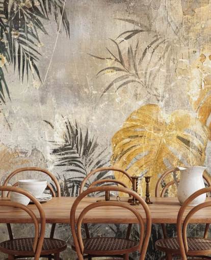 green, gold and grey jungle wall mural called Distressed Jungle Leaves IV by Rafal Kulik green, gold and grey jungle wall mural called Distressed Jungle Leaves IV by Rafal Kulik