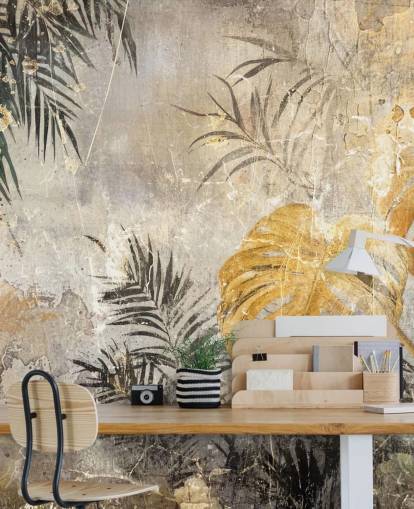 green, gold and grey jungle wall mural called Distressed Jungle Leaves IV by Rafal Kulik green, gold and grey jungle wall mural called Distressed Jungle Leaves IV by Rafal Kulik