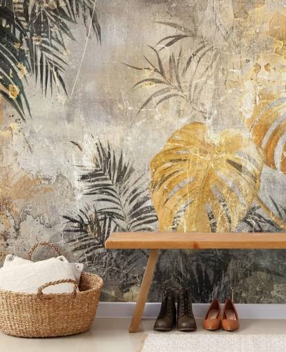 grønn, gull og grå jungel veggmaleri kalt Distressed Jungle Leaves IV av Rafal Kulik grønn, gull og grå jungel veggmaleri kalt Distressed Jungle Leaves IV av Rafal Kulik