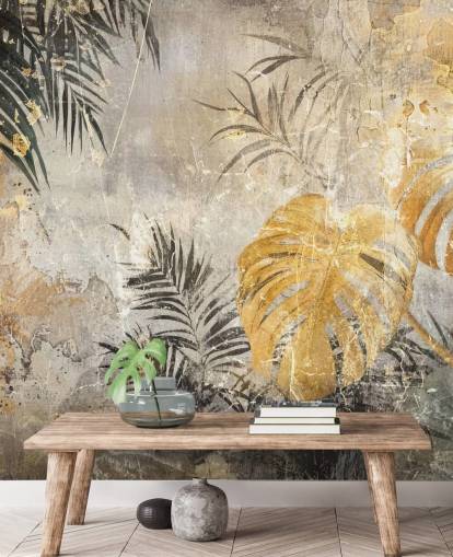 grön, guld och grå djungel väggmålning kallad Distressed Jungle Leaves IV av Rafal Kulik grön, guld och grå djungel väggmålning kallad Distressed Jungle Leaves IV av Rafal Kulik