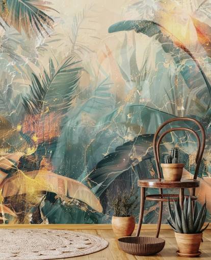 green and orange custom vintage jungle wall mural called Distressed Jungle Leaves V by Rafal Kulik green and orange custom vintage jungle wall mural called Distressed Jungle Leaves V by Rafal Kulik