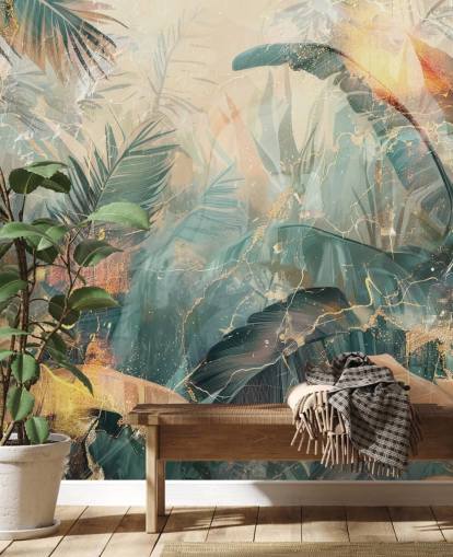 grön och orange anpassad vintage djungel väggmålning som heter Distressed Jungle Leaves V av Rafal Kulik grön och orange anpassad vintage djungel väggmålning som heter Distressed Jungle Leaves V av Rafal Kulik