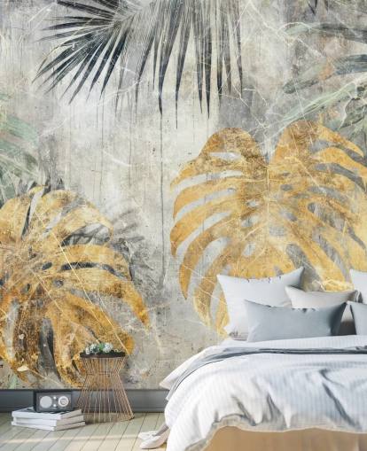 vihreä, kulta ja harmaa muokattava viidakon seinämaalaus nimeltä Distressed Jungle Leaves VII, kirjoittanut Rafal Kulik vihreä, kulta ja harmaa muokattava viidakon seinämaalaus nimeltä Distressed Jungle Leaves VII, kirjoittanut Rafal Kulik