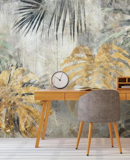 grønt, gull og grått tilpassbart jungel veggmaleri kalt Distressed Jungle Leaves VII av Rafal Kulik grønt, gull og grått tilpassbart jungel veggmaleri kalt Distressed Jungle Leaves VII av Rafal Kulik