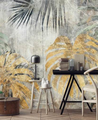 grön, guld och grå anpassningsbar djungel väggmålning kallad Distressed Jungle Leaves VII av Rafal Kulik grön, guld och grå anpassningsbar djungel väggmålning kallad Distressed Jungle Leaves VII av Rafal Kulik