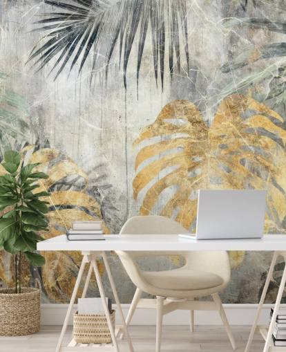 groene, gouden en grijze aanpasbare jungle muurschildering genaamd Distressed Jungle Leaves VII van Rafal Kulik groene, gouden en grijze aanpasbare jungle muurschildering genaamd Distressed Jungle Leaves VII van Rafal Kulik