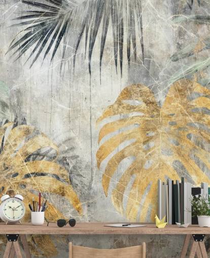 green, gold and grey customisable jungle wall mural called Distressed Jungle Leaves VII by Rafal Kulik green, gold and grey customisable jungle wall mural called Distressed Jungle Leaves VII by Rafal Kulik