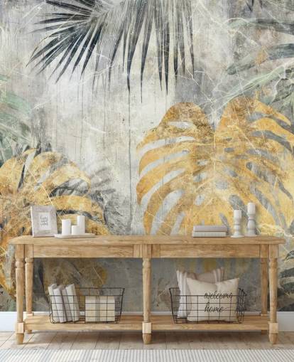Personalisierbares Dschungel-Wandbild in Grün, Gold und Grau namens Distressed Jungle Leaves VII von Rafal Kulik Personalisierbares Dschungel-Wandbild in Grün, Gold und Grau namens Distressed Jungle Leaves VII von Rafal Kulik