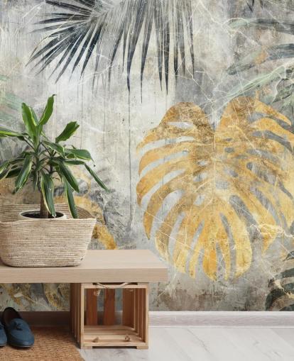 vihreä, kulta ja harmaa muokattava viidakon seinämaalaus nimeltä Distressed Jungle Leaves VII, kirjoittanut Rafal Kulik vihreä, kulta ja harmaa muokattava viidakon seinämaalaus nimeltä Distressed Jungle Leaves VII, kirjoittanut Rafal Kulik