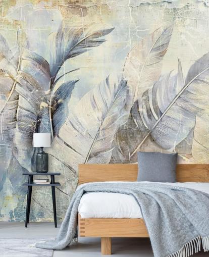 mural de parede de selva personalizável em azul claro chamado Distressed Jungle Leaves de Rafal Kulik mural de parede de selva personalizável em azul claro chamado Distressed Jungle Leaves de Rafal Kulik