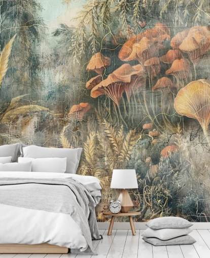 grønn tilpasset vintage jungel veggmaleri kalt Distressed Jungle av Rafal Kulik grønn tilpasset vintage jungel veggmaleri kalt Distressed Jungle av Rafal Kulik