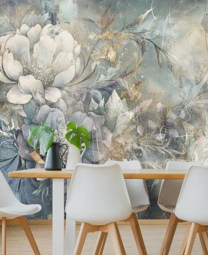 Blau-weiße personalisierbare Blumentapete namens Distressed Large Florals von Rafal Kulik Blau-weiße personalisierbare Blumentapete namens Distressed Large Florals von Rafal Kulik