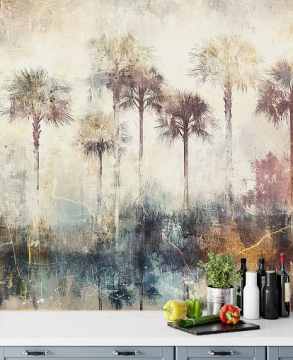 aanpasbare muurschildering met palmbomen genaamd Distressed Tropical Palm Trees van Rafal Kulik aanpasbare muurschildering met palmbomen genaamd Distressed Tropical Palm Trees van Rafal Kulik