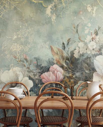 lyseblå stort blomsterveggmaleri kalt Distressed Vintage Florals av Rafal Kulik for soverom og salonger lyseblå stort blomsterveggmaleri kalt Distressed Vintage Florals av Rafal Kulik for soverom og salonger