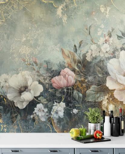 grande fresque murale florale bleu clair appelée Distressed Vintage Florals de Rafal Kulik pour les chambres et les salons grande fresque murale florale bleu clair appelée Distressed Vintage Florals de Rafal Kulik pour les chambres et les salons