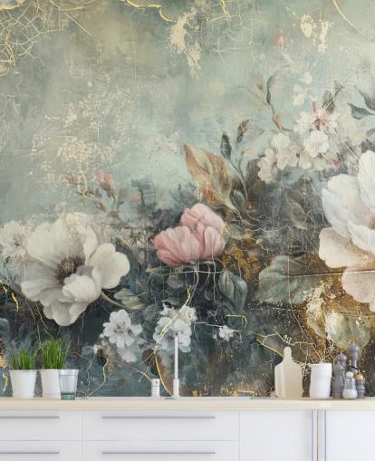 lyseblå stort blomstervægmaleri kaldet Distressed Vintage Florals af Rafal Kulik til soveværelser og lounger lyseblå stort blomstervægmaleri kaldet Distressed Vintage Florals af Rafal Kulik til soveværelser og lounger