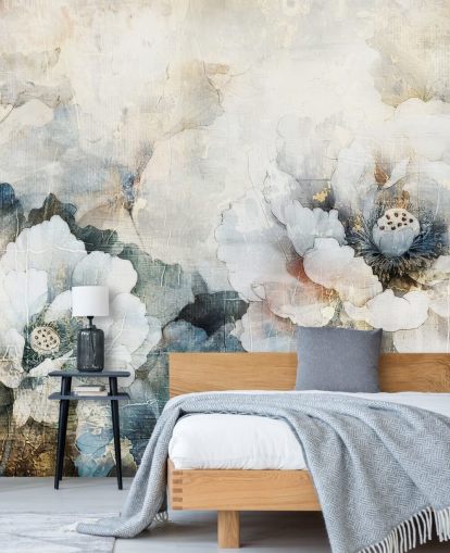 hvitt tilpasset blomstertapet veggmaleri kalt Distressed White Florals II av Rafal Kulik hvitt tilpasset blomstertapet veggmaleri kalt Distressed White Florals II av Rafal Kulik