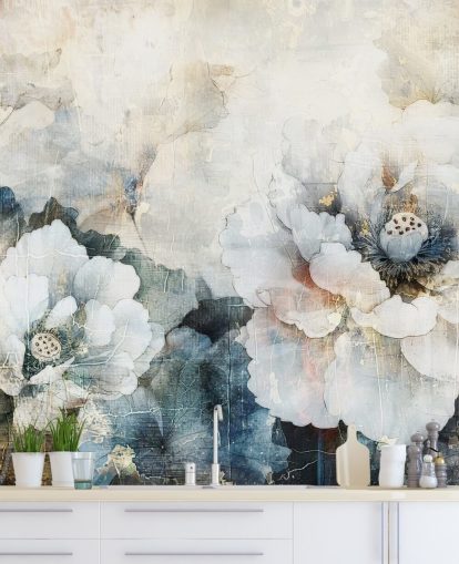 weißes kundenspezifisches Blumentapetenwandbild namens Distressed White Florals II von Rafal Kulik weißes kundenspezifisches Blumentapetenwandbild namens Distressed White Florals II von Rafal Kulik