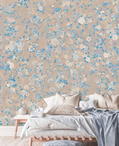 mural de parede floral vintage personalizável em bege chamado Aureline III de Loris Drago para salas de jantar e corredores mural de parede floral vintage personalizável em bege chamado Aureline III de Loris Drago para salas de jantar e corredores