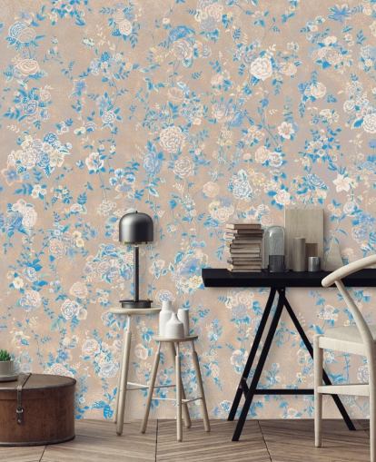 beige aanpasbare vintage bloemenmuurschildering genaamd Aureline III van Loris Drago voor eetkamers en gangen beige aanpasbare vintage bloemenmuurschildering genaamd Aureline III van Loris Drago voor eetkamers en gangen