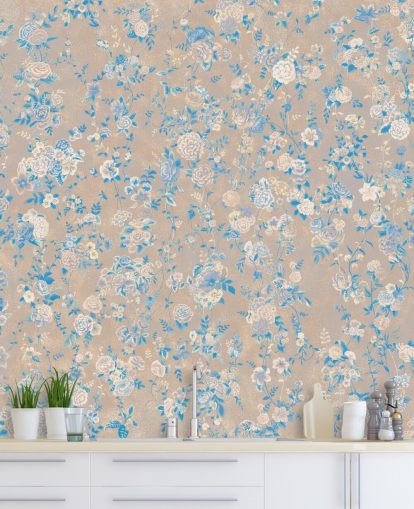 mural de parede floral vintage personalizável em bege chamado Aureline III de Loris Drago para salas de jantar e corredores mural de parede floral vintage personalizável em bege chamado Aureline III de Loris Drago para salas de jantar e corredores