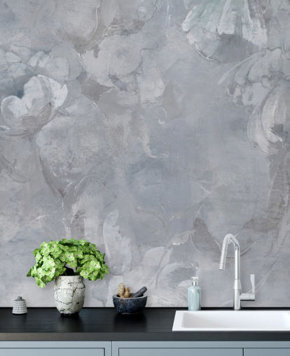 blue and grey floral wall mural called Evanea II by Loris Drago for bedrooms and living rooms blue and grey floral wall mural called Evanea II by Loris Drago for bedrooms and living rooms