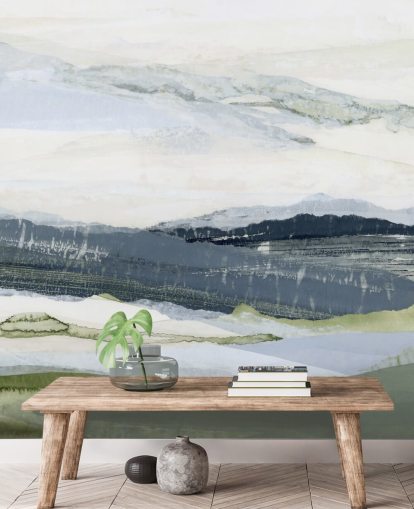 blaues und grünes individuelles abstraktes Landschaftswandbild namens After the Rain I von Lara Eckerman blaues und grünes individuelles abstraktes Landschaftswandbild namens After the Rain I von Lara Eckerman