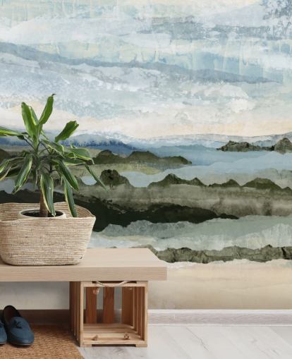 blaues und grünes kundenspezifisches abstraktes Landschaftsgemälde namens Among the Hedges II von Lara Eckerman blaues und grünes kundenspezifisches abstraktes Landschaftsgemälde namens Among the Hedges II von Lara Eckerman