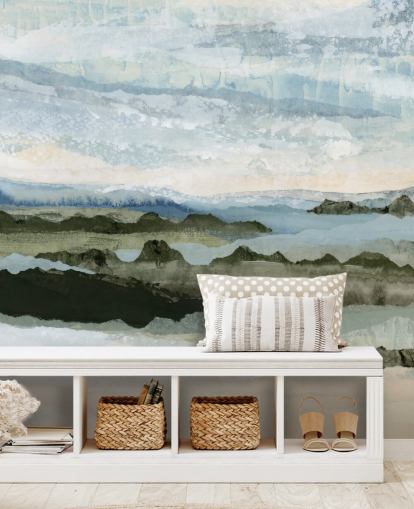 peinture murale de paysage abstraite personnalisée bleue et verte appelée Among the Hedges II par Lara Eckerman peinture murale de paysage abstraite personnalisée bleue et verte appelée Among the Hedges II par Lara Eckerman