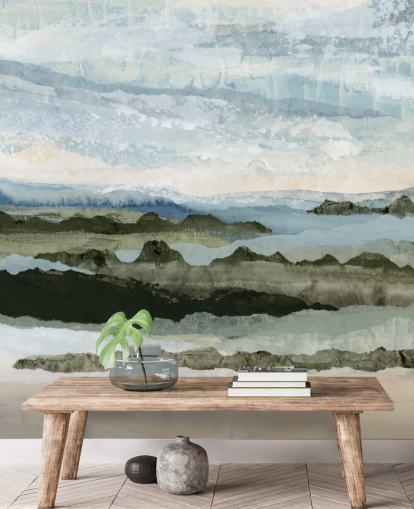 blått og grønt tilpasset abstrakt landskapsmaleri kalt Among the Hedges II av Lara Eckerman blått og grønt tilpasset abstrakt landskapsmaleri kalt Among the Hedges II av Lara Eckerman