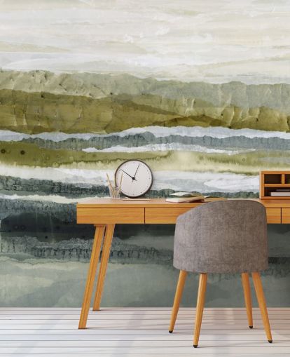 murale paesaggistico astratto personalizzato verde e grigio chiamato Distant Glow di Lara Eckerman murale paesaggistico astratto personalizzato verde e grigio chiamato Distant Glow di Lara Eckerman